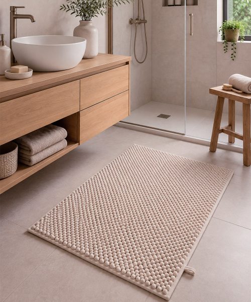 Bagno con Tappetino tortora beige in morbida microfibra poliestere assorbente lavabile asciugabile antiscivolo