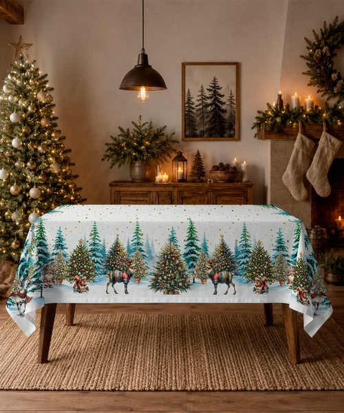 Salotto chalet con Tovaglia in cotone con stampa digitale e Prodotta in Italia. Disegno foresta abeti ivnernale decorazione natalizia. Due misure per tavoli da 6 e da 12 persone.