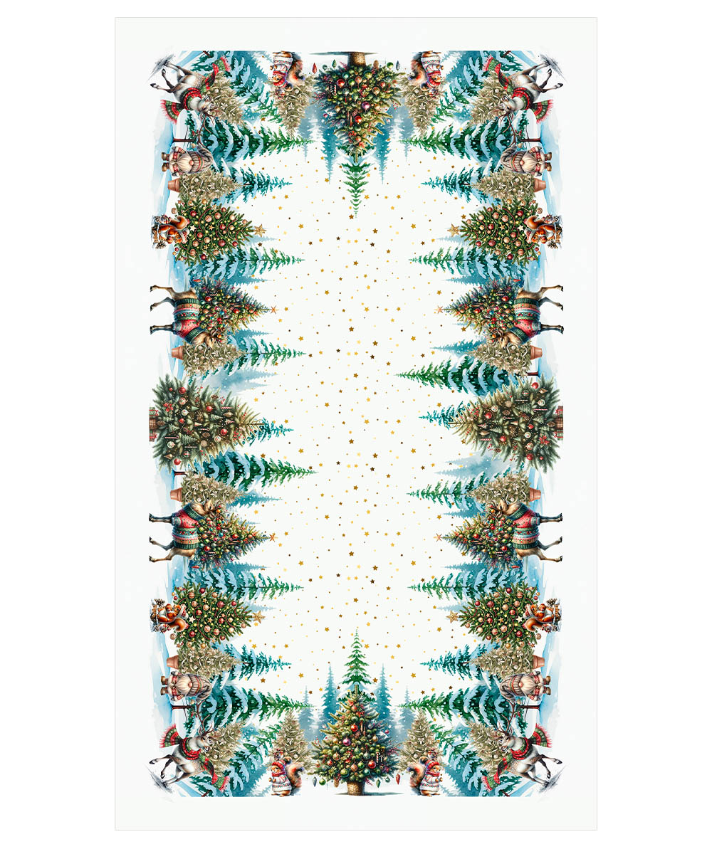 Tovaglia in cotone con stampa digitale e Prodotta in Italia. Disegno foresta abeti ivnernale decorazione natalizia. Due misure per tavoli da 6 e da 12 persone.