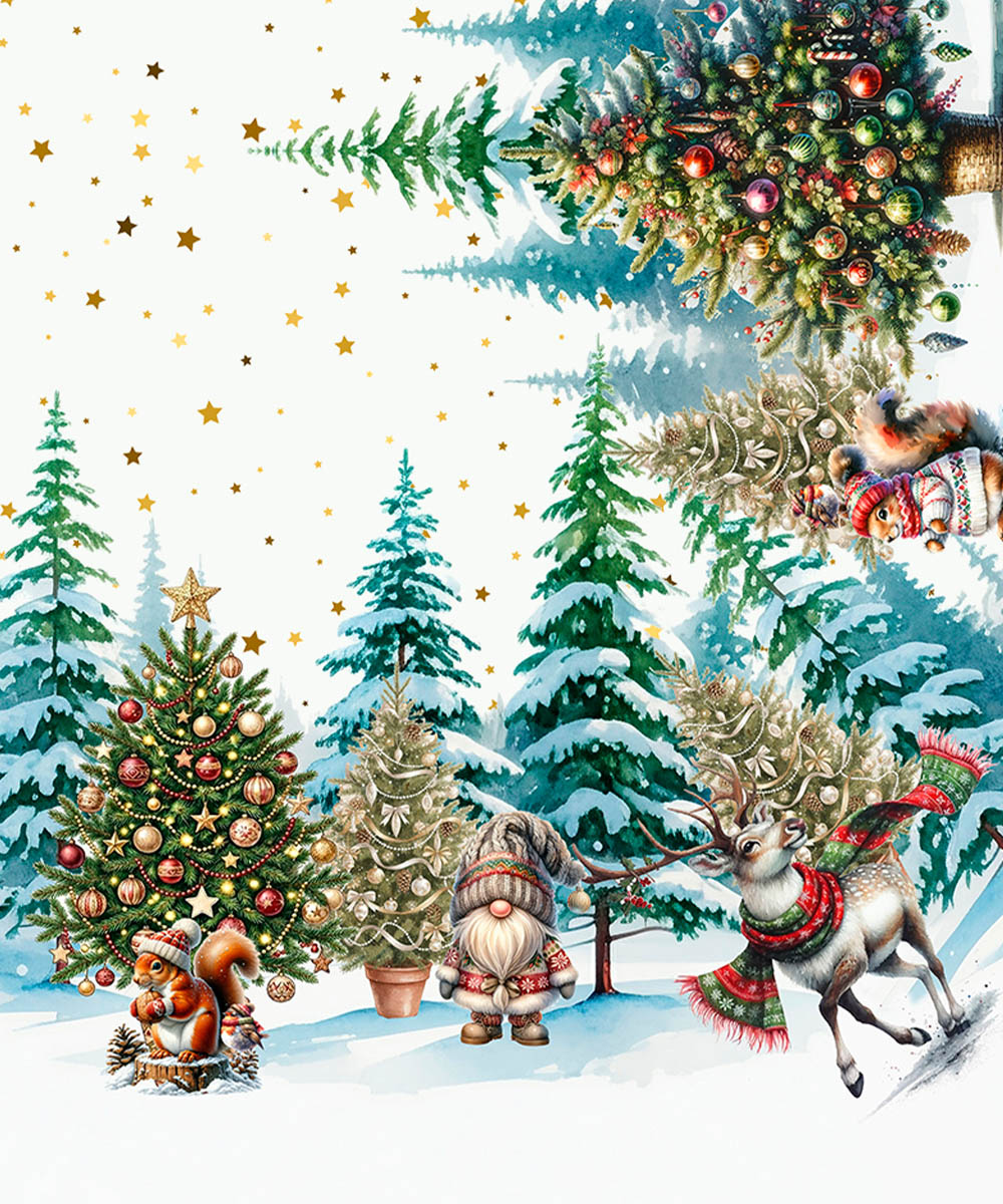 Dettaglio angolo Tovaglia in cotone con stampa digitale e Prodotta in Italia. Disegno foresta abeti ivnernale decorazione natalizia. Due misure per tavoli da 6 e da 12 persone.