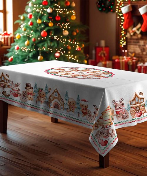 Soggiorno addobbato con Tovaglia in cotone con stampa digitale e Prodotta in Italia. Disegno biscotti dolci innernale decorazione natalizia. Due misure per tavoli da 6 e da 12 persone.