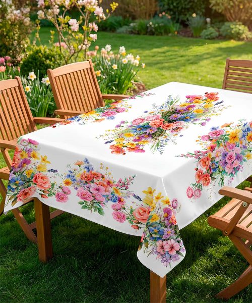 Tavolo in giardino con Tovaglia in cotone con stampa digitale e Prodotta in Italia. Disegno fiori estivi multicolore su fondo chiaro effetto lino. Due misure per tavoli da 6 e da 12 persone.
