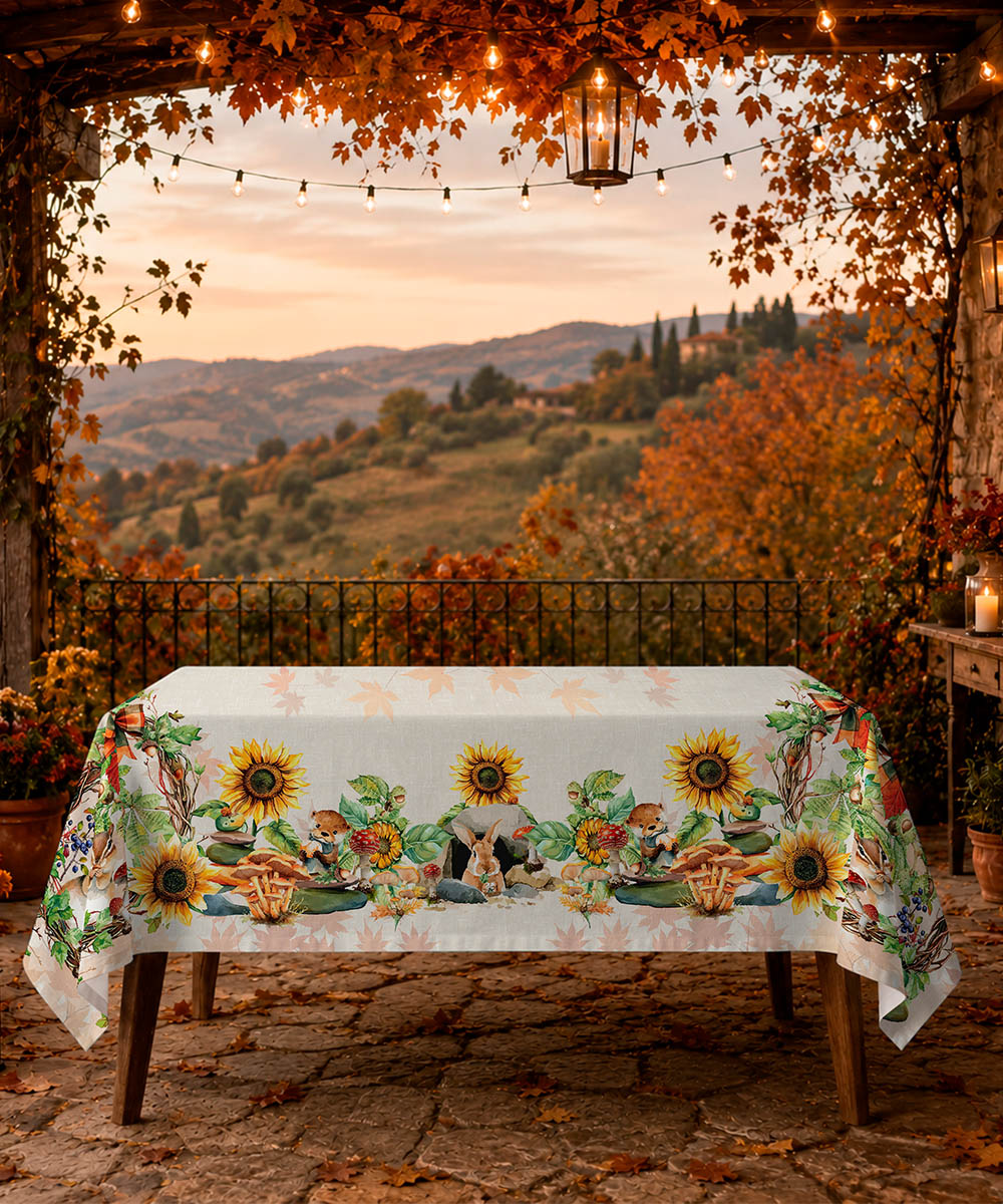 Tavolo veranda con Tovaglia in cotone con stampa digitale e Prodotta in Italia. Disegno girasoli e coniglietti decorazione Pasqua. Due misure per tavoli da 6 e da 12 persone.