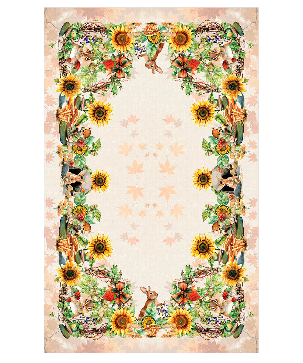 Tovaglia in cotone con stampa digitale e Prodotta in Italia. Disegno girasoli e coniglietti decorazione Pasqua. Due misure per tavoli da 6 e da 12 persone.