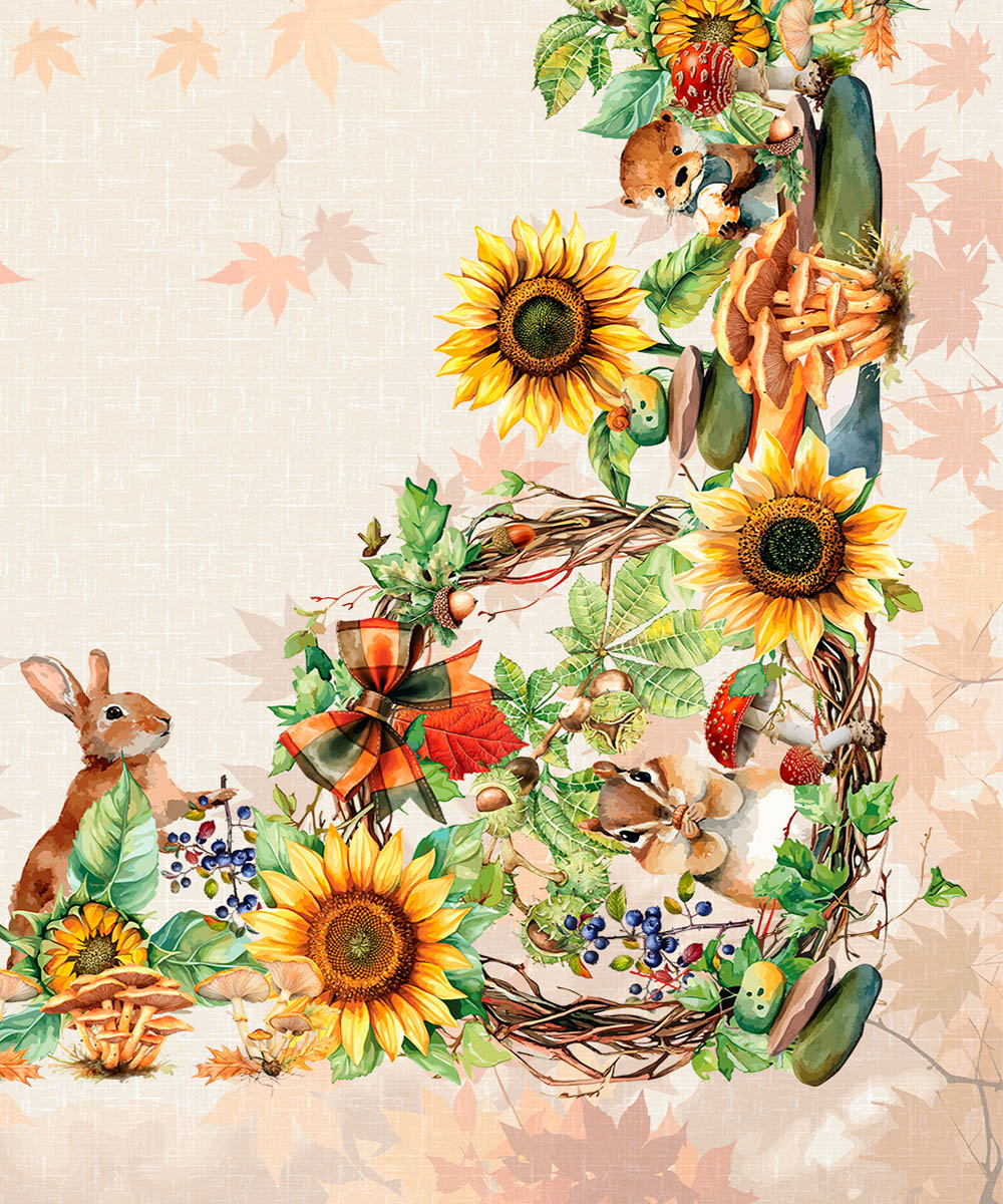 Dettaglio angolo Tovaglia in cotone con stampa digitale e Prodotta in Italia. Disegno girasoli e coniglietti decorazione Pasqua. Due misure per tavoli da 6 e da 12 persone.