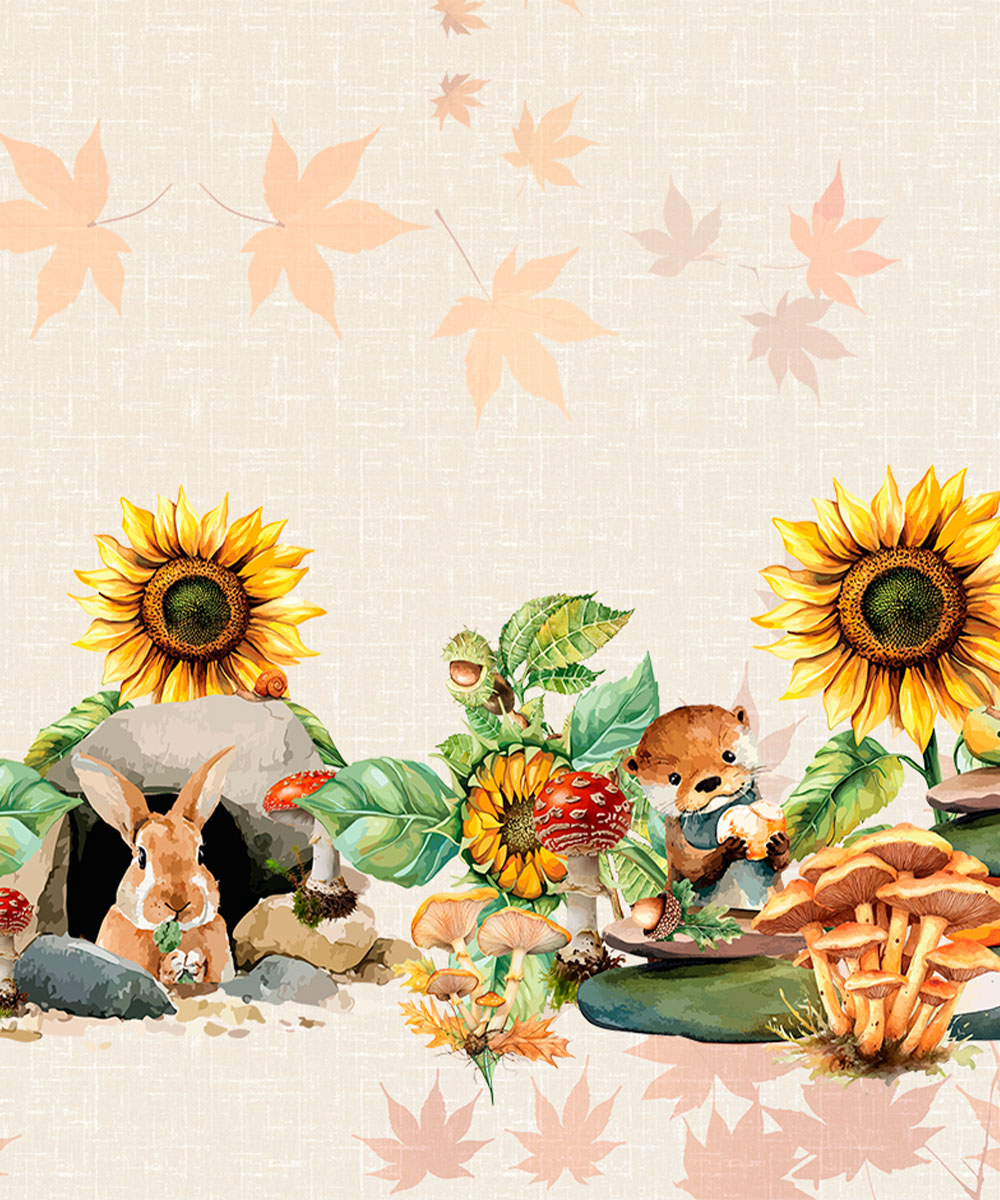 Dettaglio disegno Tovaglia in cotone con stampa digitale e Prodotta in Italia. Disegno girasoli e coniglietti decorazione Pasqua. Due misure per tavoli da 6 e da 12 persone.