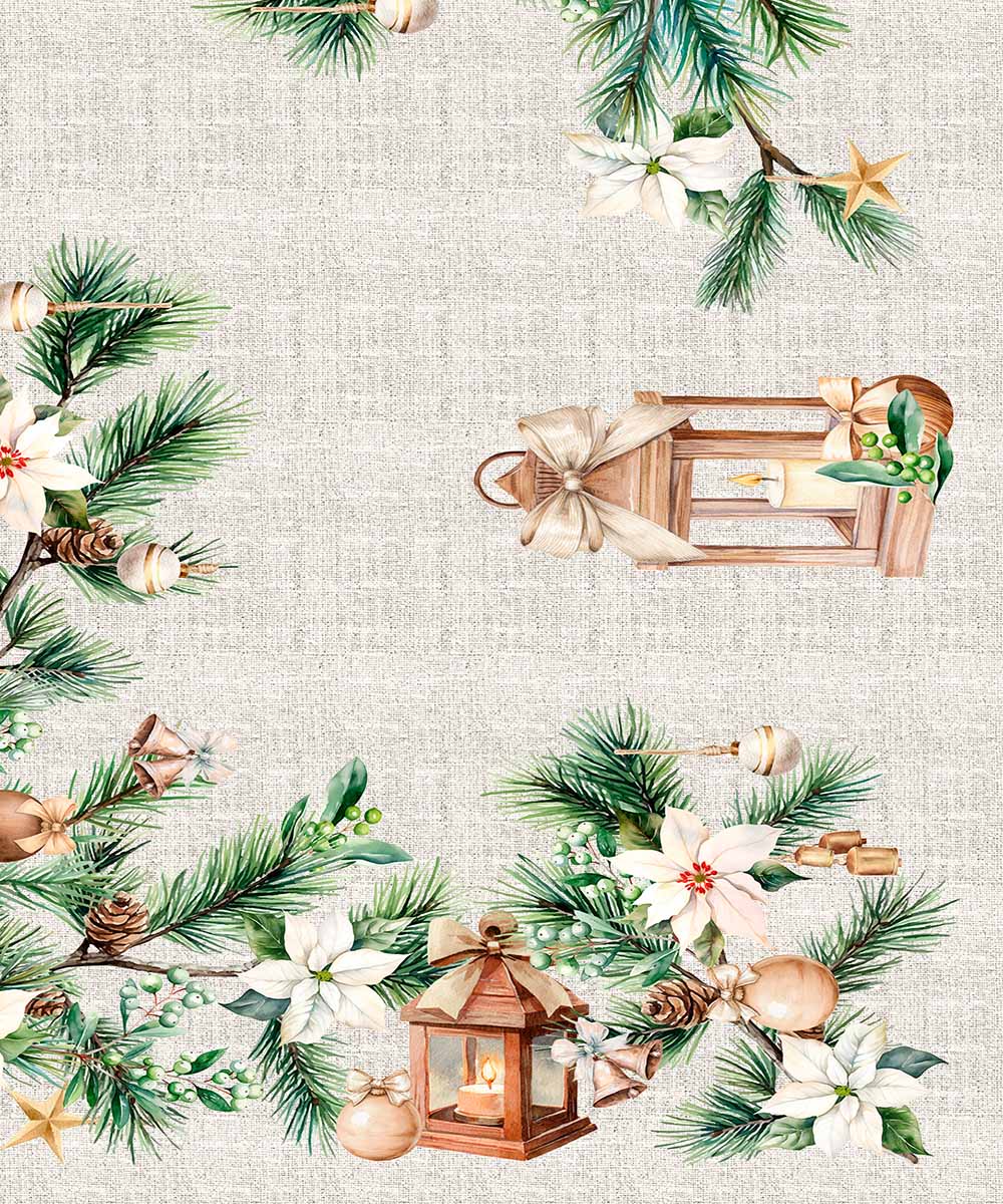 Dettaglio disegno Tovaglia in cotone con stampa digitale e Prodotta in Italia. Disegno lanterna e ghirlanda invernale decorazione natalizia. Due misure per tavoli da 6 e da 12 persone.