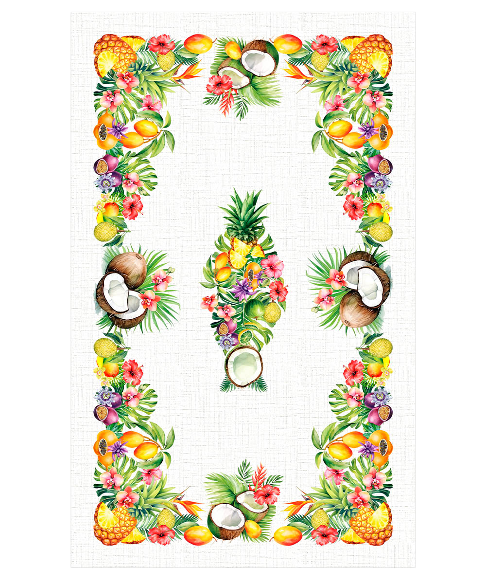 Tovaglia in cotone con stampa digitale e Prodotta in Italia. Disegno frutta tropicale esotica multicolore su sfondo bianco. Due misure per tavoli da 6 e da 12 persone.