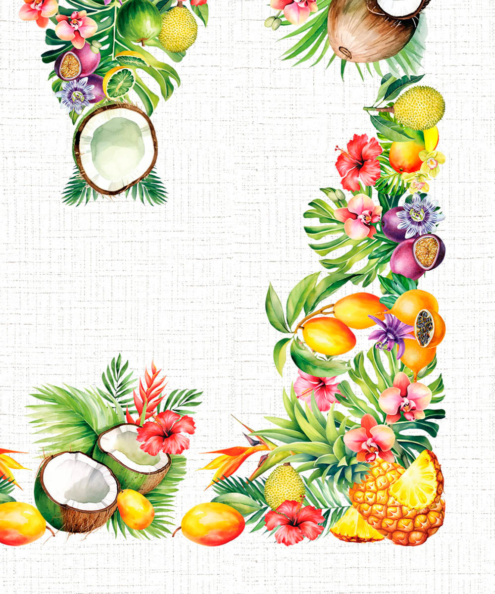 Dettaglio angolo Tovaglia in cotone con stampa digitale e Prodotta in Italia. Disegno frutta tropicale esotica multicolore su sfondo bianco. Due misure per tavoli da 6 e da 12 persone.