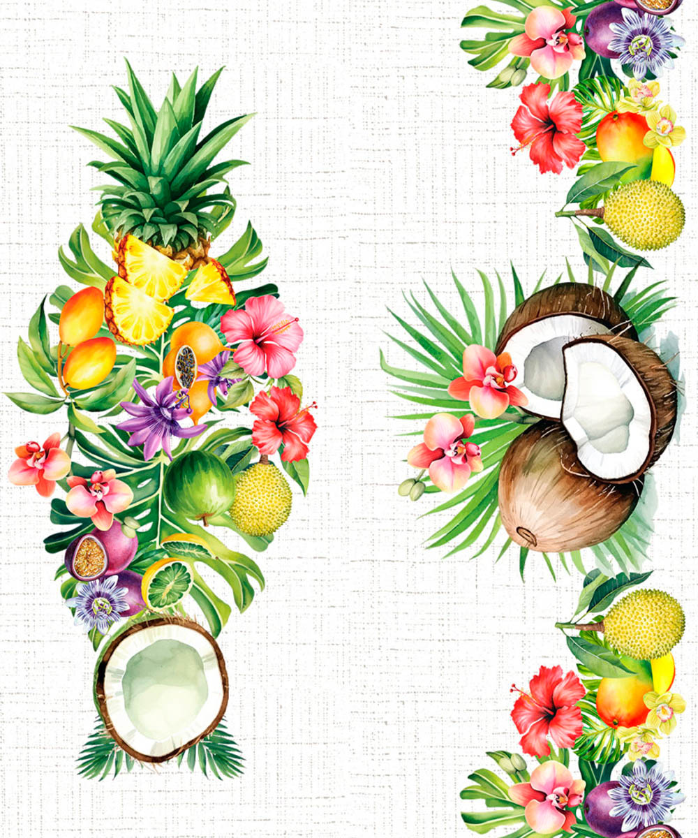 Dettaglio centrale Tovaglia in cotone con stampa digitale e Prodotta in Italia. Disegno frutta tropicale esotica multicolore su sfondo bianco. Due misure per tavoli da 6 e da 12 persone.