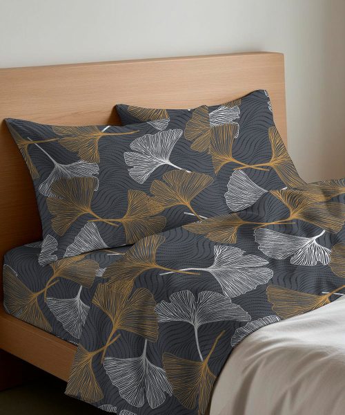 Completo lenzuola floreale disegno ginko giallo sfondo grigio antracite