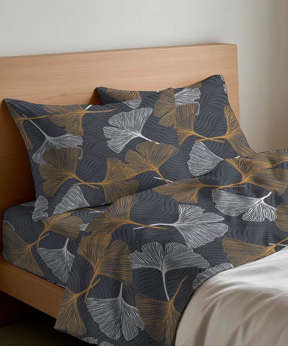 Completo lenzuola floreale disegno ginko giallo sfondo grigio antracite