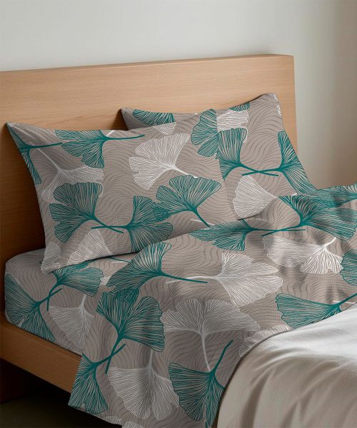Completo lenzuola floreale disegno ginko verde acqua sfondo tortora