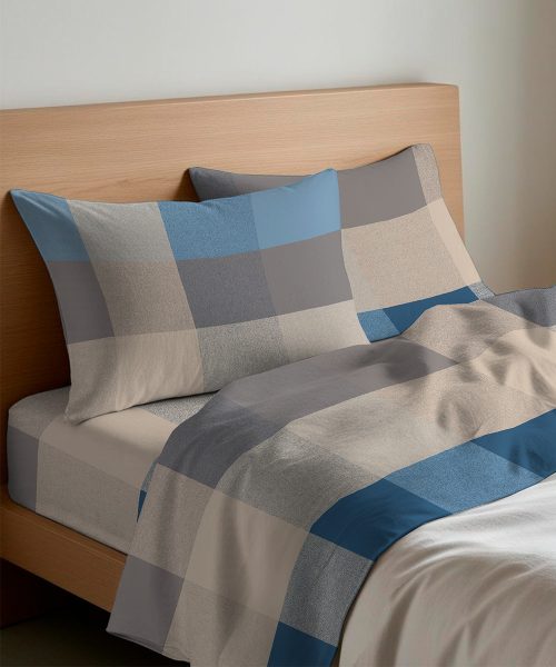 Completo lenzuola disegno tartan scozzese azzurro beige
